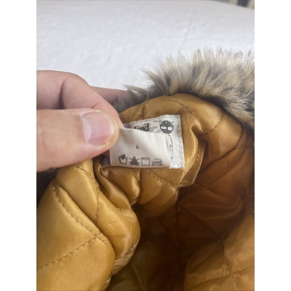 Timberland EUC Canvas Trapper Hat Tan Brown Faux Fur Aviator Winter Bomber Cap - Picture 7 of 9